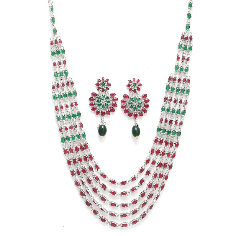 Rhodium-Plated with Silver-Tone Green & Red Kundan-Studded Layered Jewellery Set
