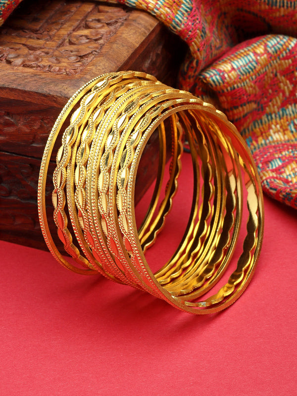 Set of 10 Gold-Plated Textured Handcrafted Bangles