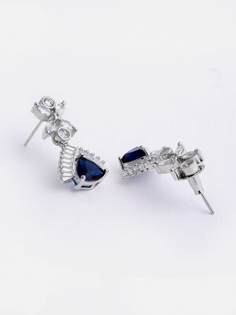 Rhodium-Plated with Silver-Tone Navy Blue American Diamond Studded Handcrafted Jewellery Set