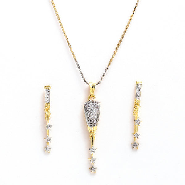 Gold Plated Celestial Glam White Cubic Zirconia Studded Pendant With Chain & Earring