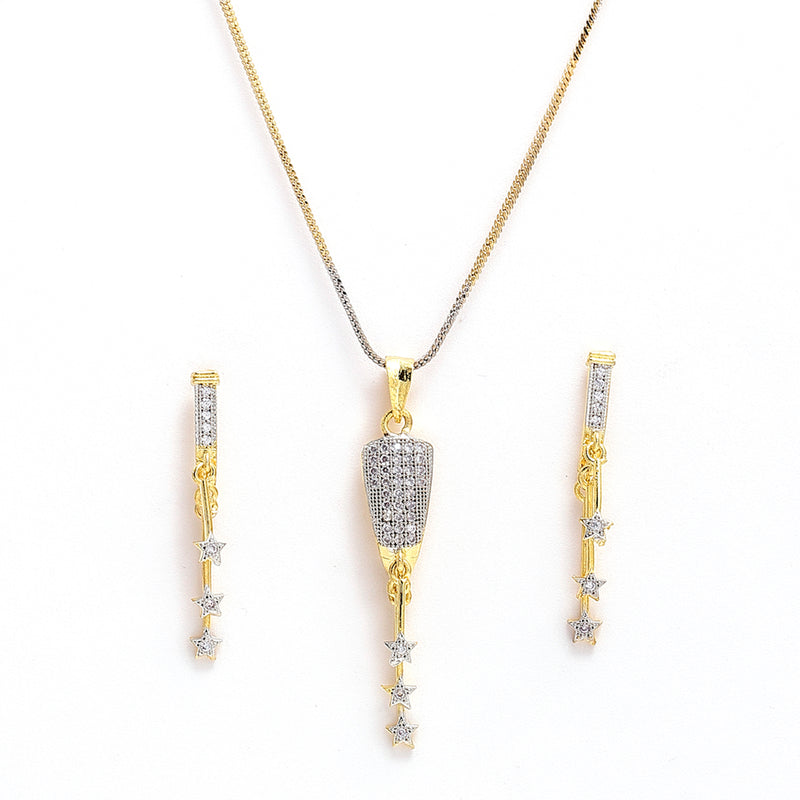 Gold Plated Celestial Glam White Cubic Zirconia Studded Pendant With Chain & Earring