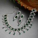 Rhodium-Plated with Silver-Tone & Green American Diamond Stone Studded Jewellery Set