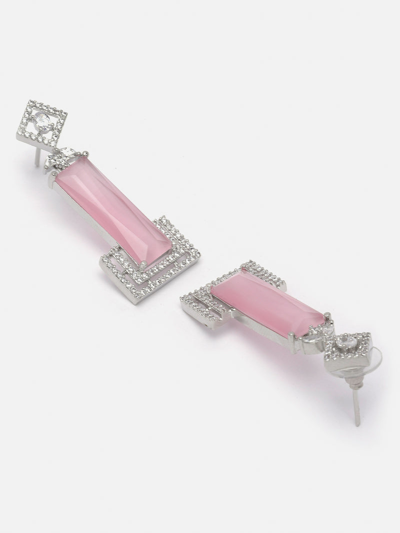 Rhodium-Plated Pink American Diamond studded Rectangular Shaped Drop Earrings