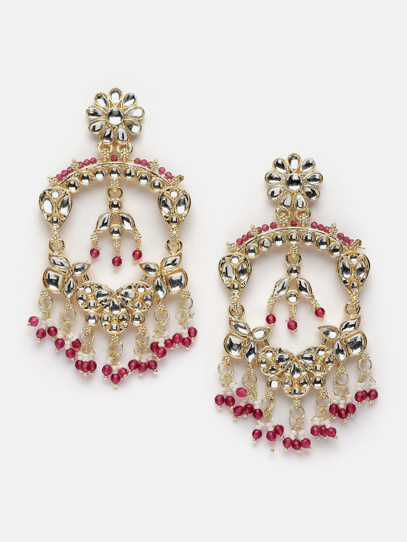 Gold-Plated Pink Pearls & Kundan studded Floral Shaped Chandelier Drop Earrings