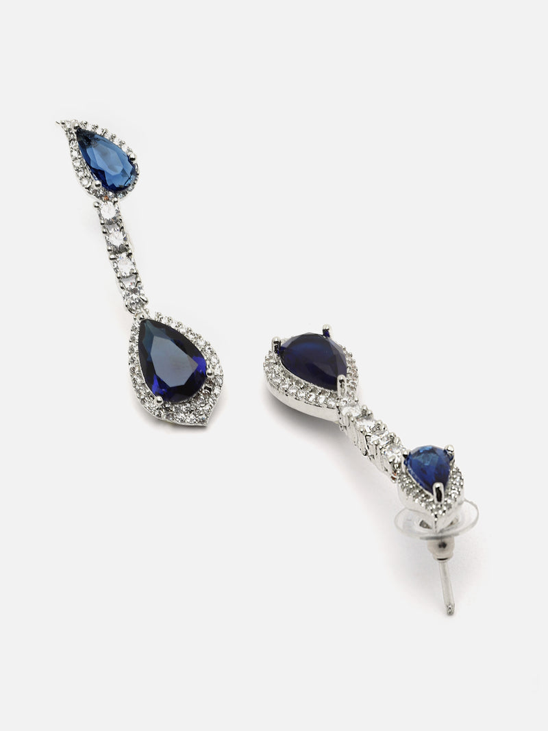 Rhodium-Plated Navy Blue & White American Diamond studded Teardrop Shaped Classic Drop Earrings