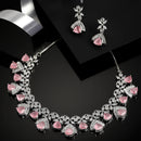 Rhodium-Plated with Silver-Tone White & Pink American Diamond-Studded Jewellery Set