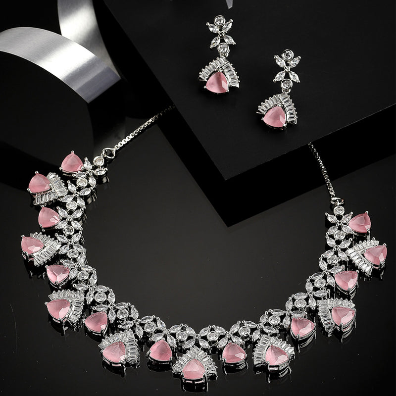 Rhodium-Plated with Silver-Tone White & Pink American Diamond-Studded Jewellery Set