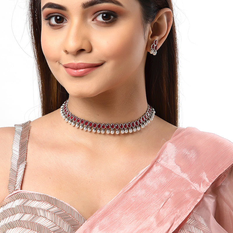 Rhodium-Plated with Oxidised Silver-Tone Red American Diamond-Studded & Pearl Beaded Jewellery Set