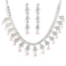 Rhodium-Plated with Silver-Tone Pink & White American Diamond Stone Studded & Beaded Jewellery Set