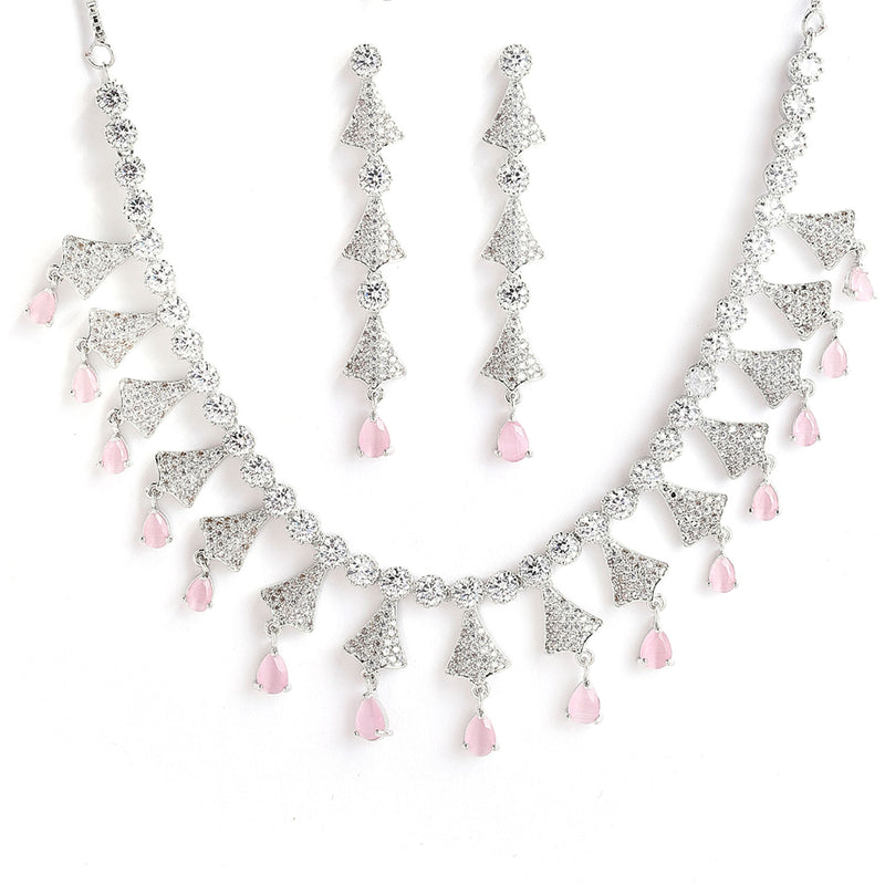 Rhodium-Plated with Silver-Tone Pink & White American Diamond Stone Studded & Beaded Jewellery Set