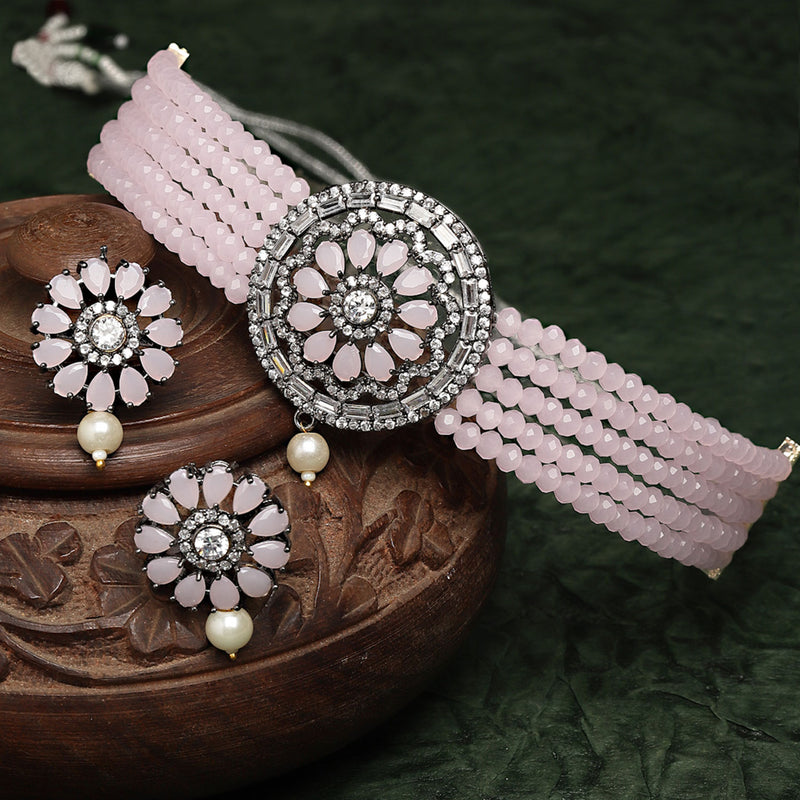 Rhodium-Plated with Silver-Tone Pink Stone Studded Oxidized Choker Jewellery Set