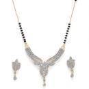Flower Shaped Gold Plated Black Beaded white AD-Stone Studded Mangalsutra with Earrings