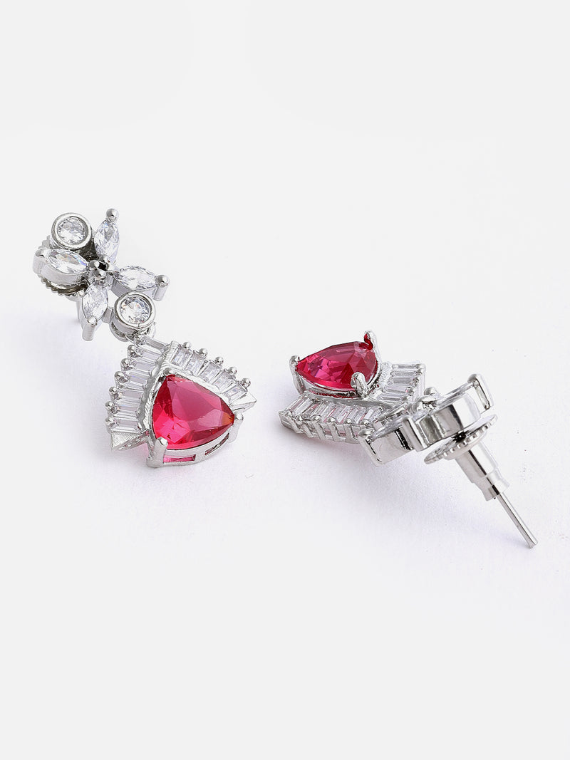 Rhodium-Plated with Silver-Tone & Red American Diamond Stone-Studded Jewellery Set