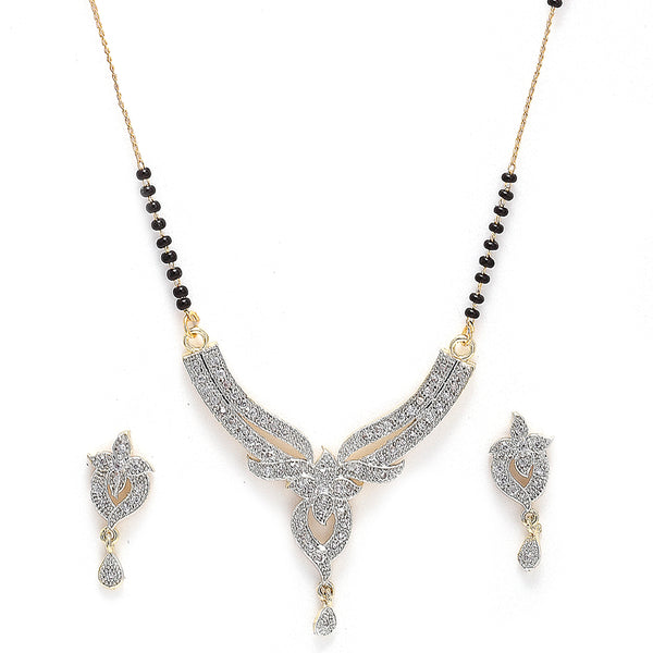 Flower Shaped Gold Plated Black Beaded white AD-Stone Studded Mangalsutra with Earrings