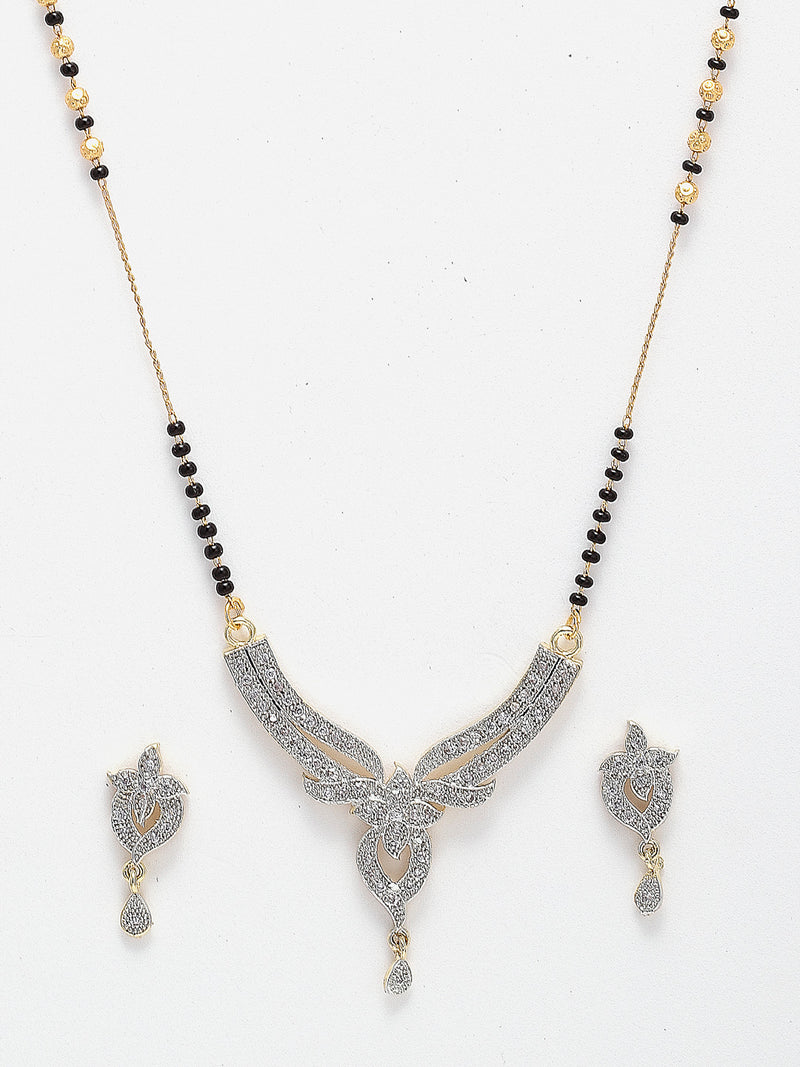 Flower Shaped Gold Plated Black Beaded white AD-Stone Studded Mangalsutra with Earrings