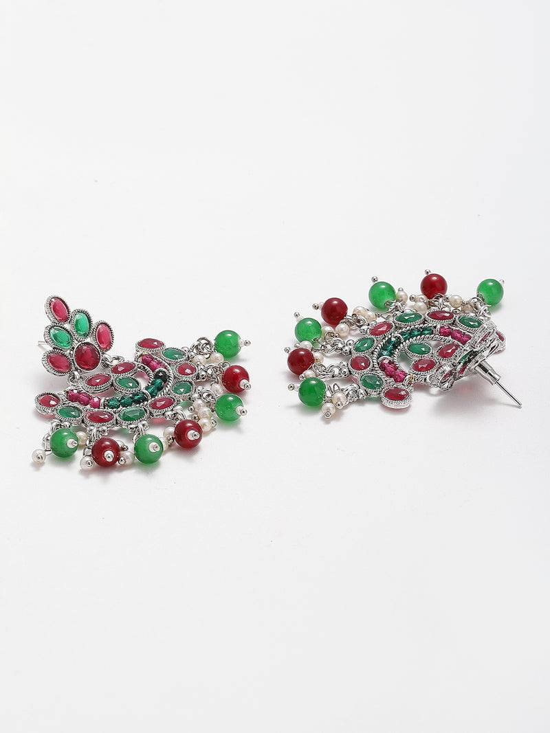 Rhodium-Plated with Silver-Tone Silver-Plated Red & Green Stones Studded Jewellery Set