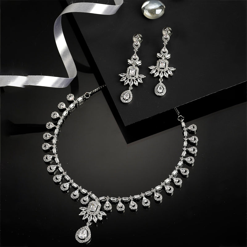 Rhodium-Plated with Silver-Tone & White American Diamond Studded Jewellery Set