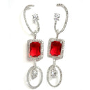 Red Geometric Shaped Rhodium-Plated with Silver-Tone Drop Earrings