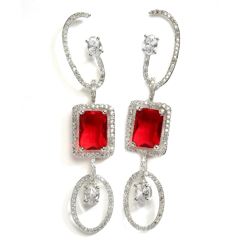 Red Geometric Shaped Rhodium-Plated with Silver-Tone Drop Earrings