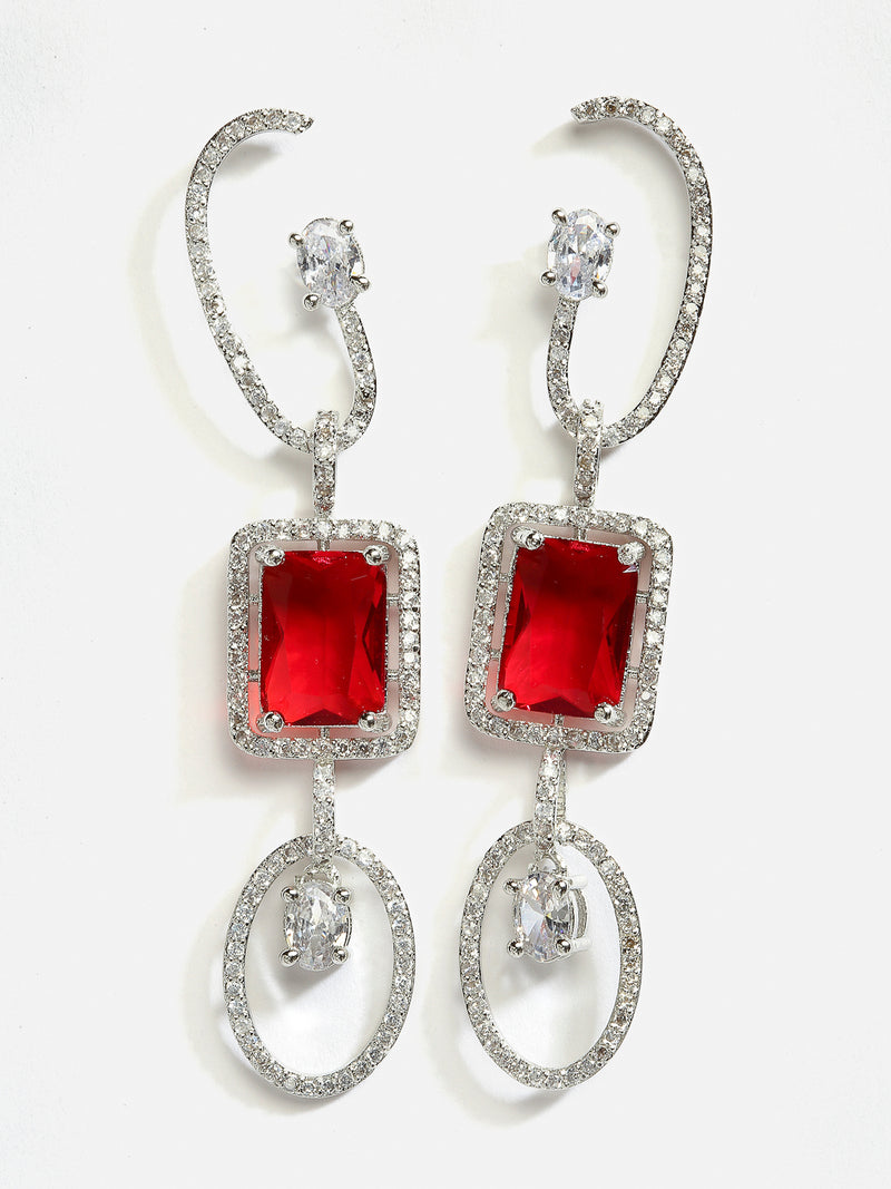 Red Geometric Shaped Rhodium-Plated with Silver-Tone Drop Earrings