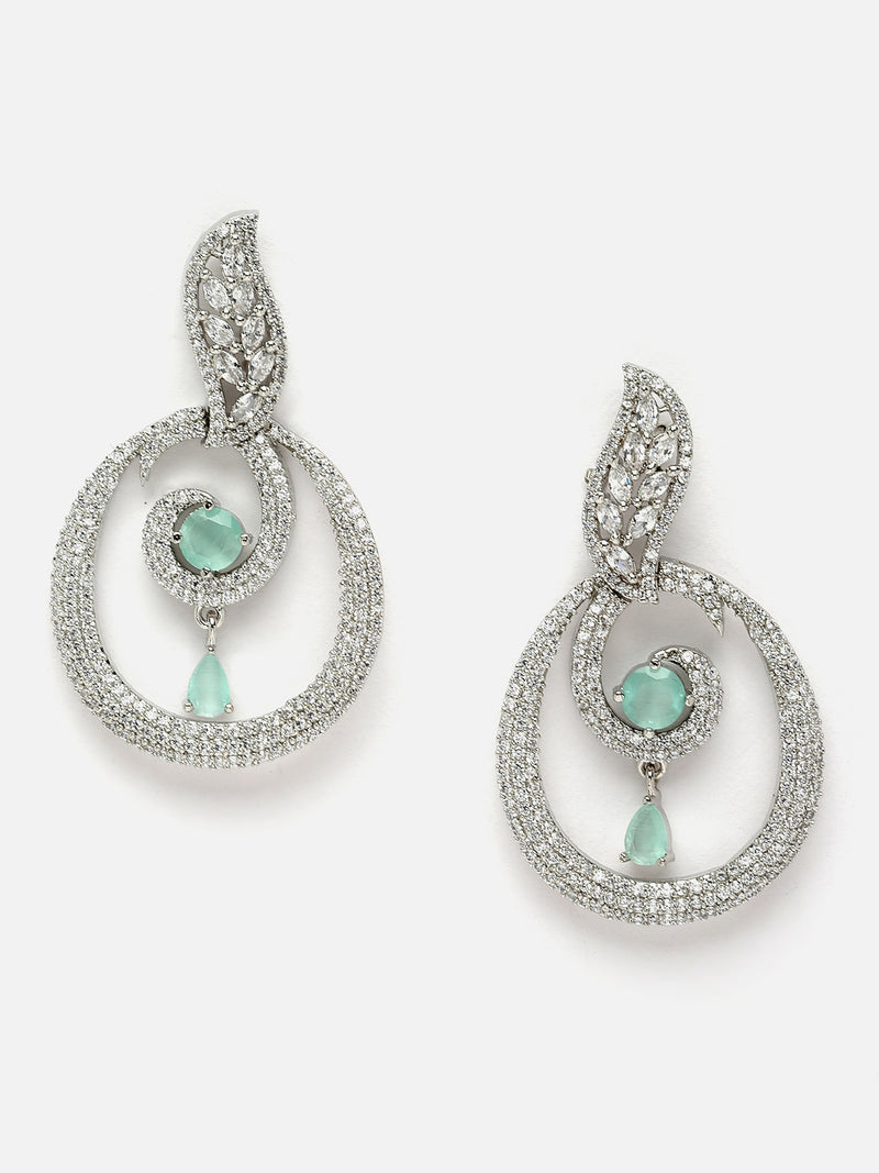 Rhodium-Plated Sea Green & White American Diamond studded Oval Shaped Drop Earrings