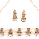 Gold Plated Pearls Beaded Layered Jadau Necklace Set With Earrings