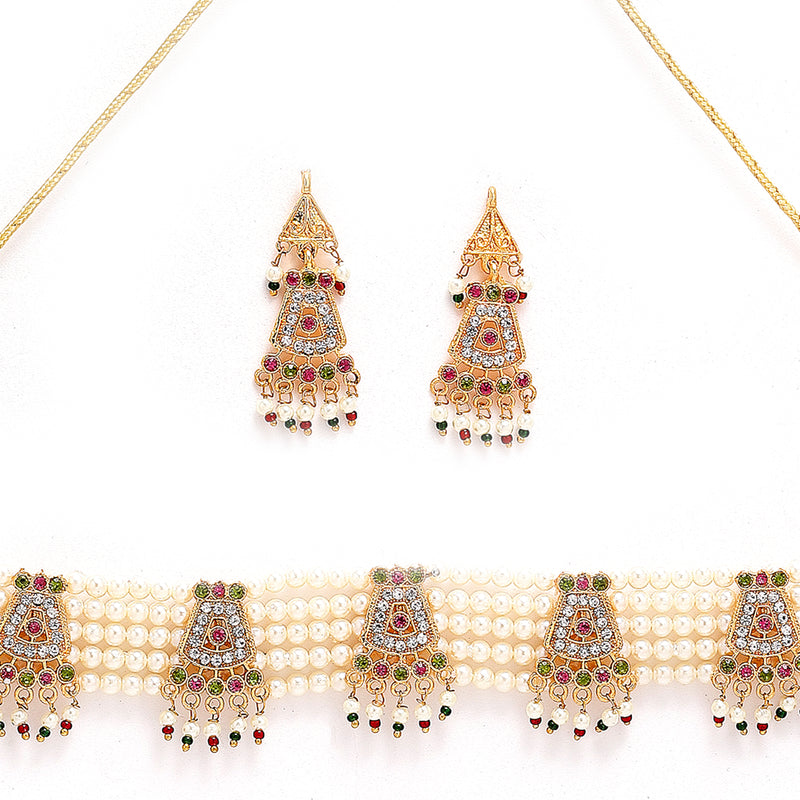 Gold Plated Pearls Beaded Layered Jadau Necklace Set With Earrings