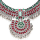 Rhodium-Plated with Silver-Tone Red and Green Kundan-Studded Meenakari Jewellery Set