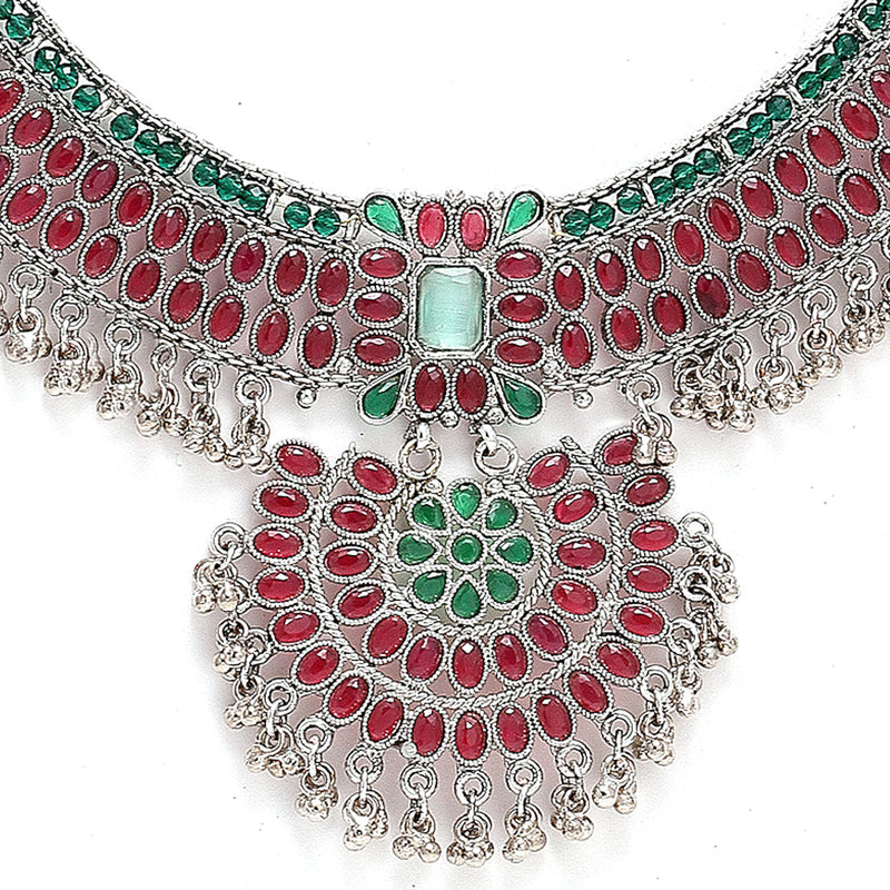 Rhodium-Plated with Silver-Tone Red and Green Kundan-Studded Meenakari Jewellery Set