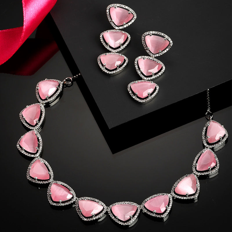 Rhodium-Plated with Silver-Tone Pink American Diamond Studded Jewellery Set