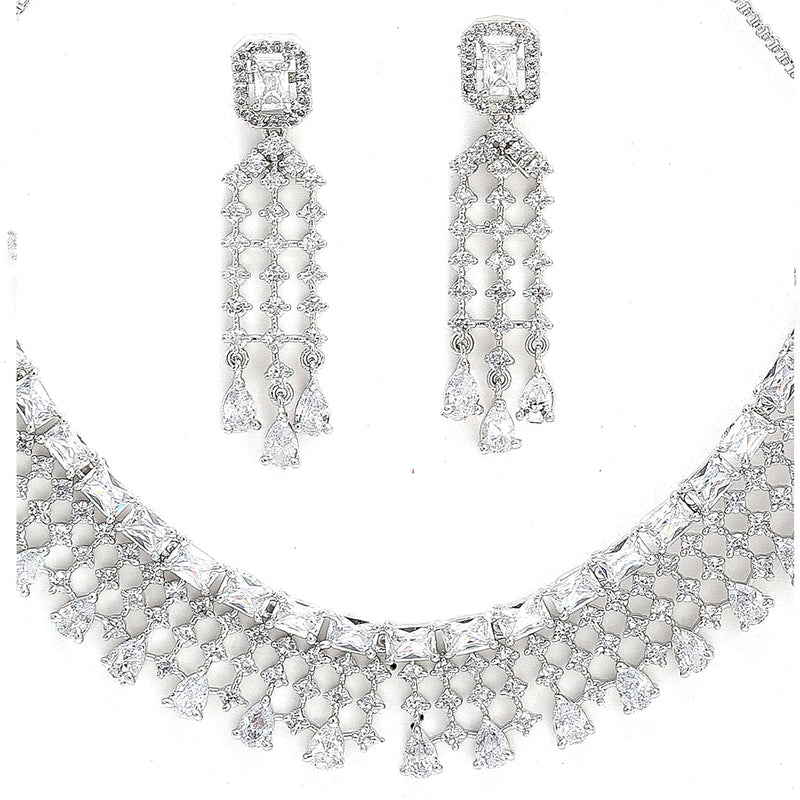 Rhodium-Plated with Silver-Tone White American Diamond-Studded Jewellery Set