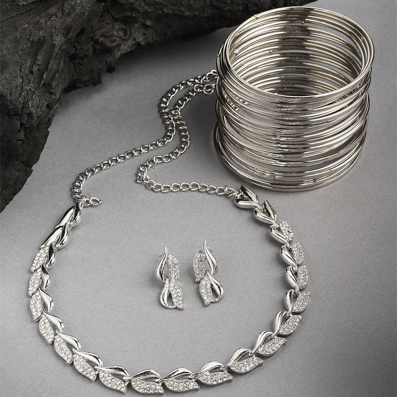 Leaf Shaped Silver-Plated & White American Diamond Studded Jewellery Set Combo