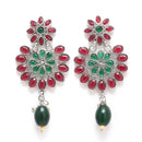 Rhodium-Plated with Silver-Tone Green & Red Kundan-Studded Layered Jewellery Set