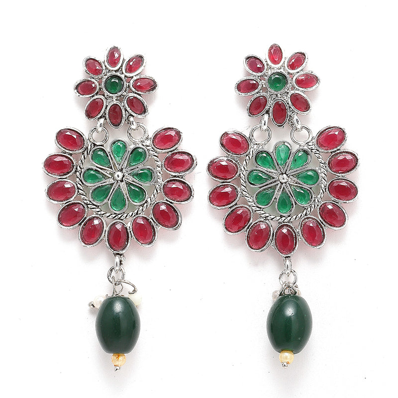 Rhodium-Plated with Silver-Tone Green & Red Kundan-Studded Layered Jewellery Set
