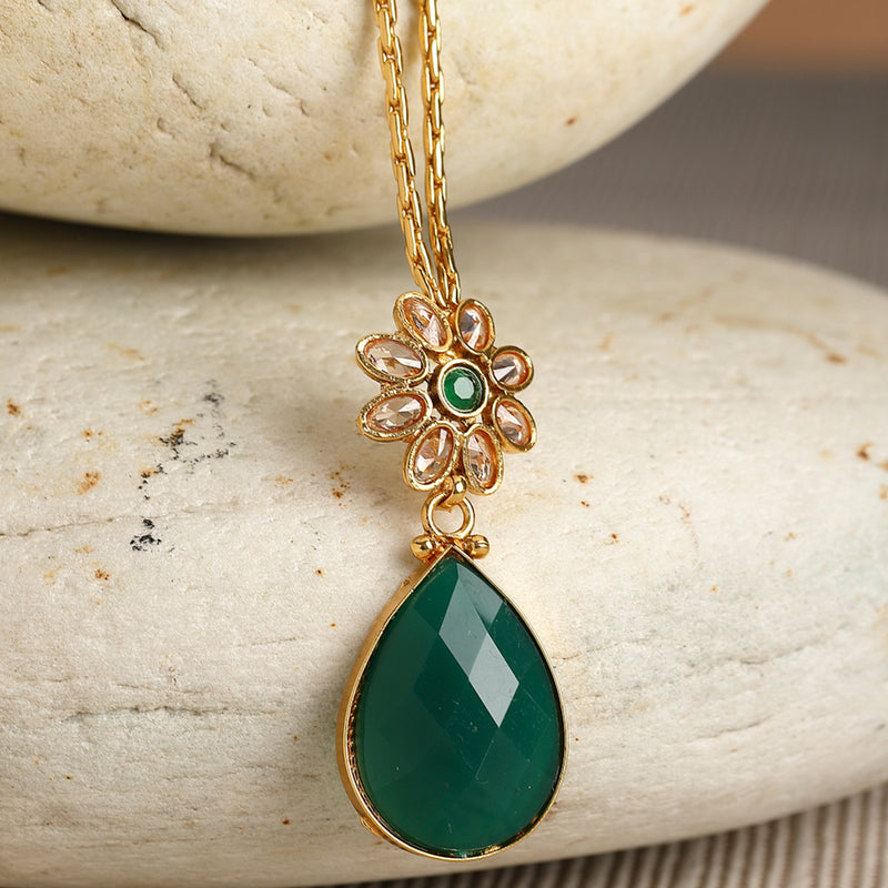 Gold-Plated Green & Off-White CZ-Studded Pendant With Chain