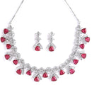 Rhodium-Plated with Silver-Tone & Red American Diamond Stone-Studded Jewellery Set