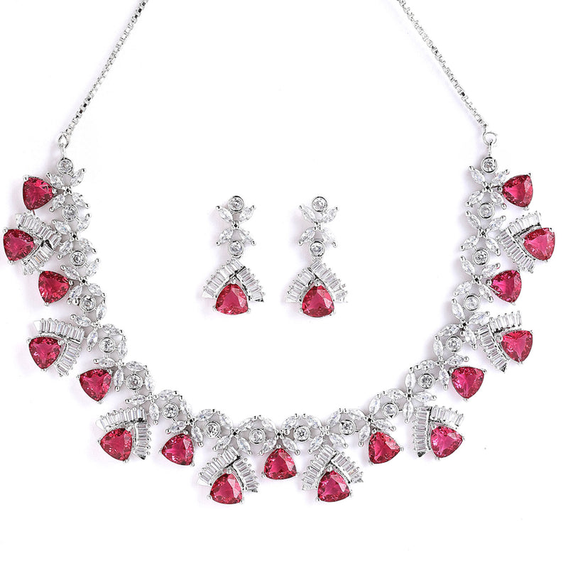 Rhodium-Plated with Silver-Tone & Red American Diamond Stone-Studded Jewellery Set