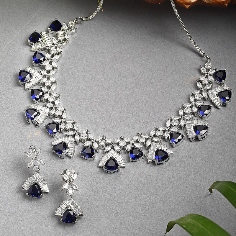 Rhodium-Plated with Silver-Tone Navy Blue American Diamond Studded Handcrafted Jewellery Set