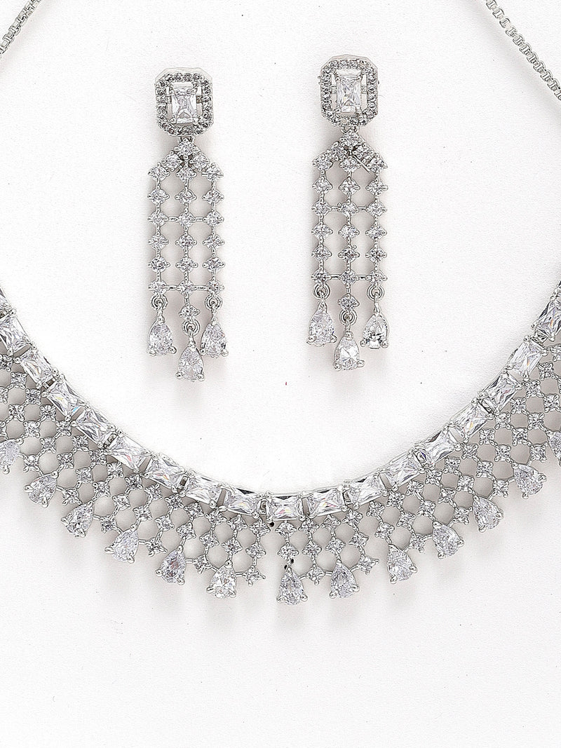 Rhodium-Plated with Silver-Tone White American Diamond-Studded Jewellery Set
