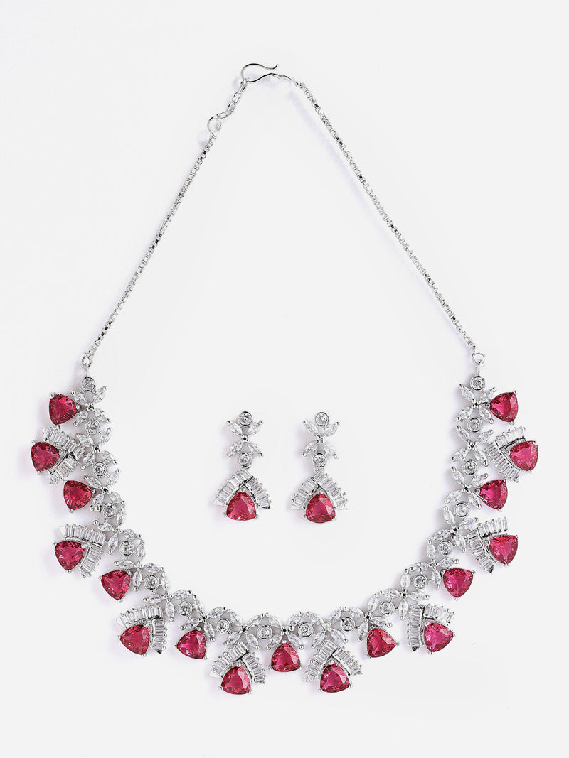 Rhodium-Plated with Silver-Tone & Red American Diamond Stone-Studded Jewellery Set