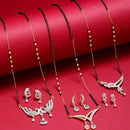 Set Of 3 Gold-Plated Black Beaded White AD Studded Mangalsutra with Earring Set