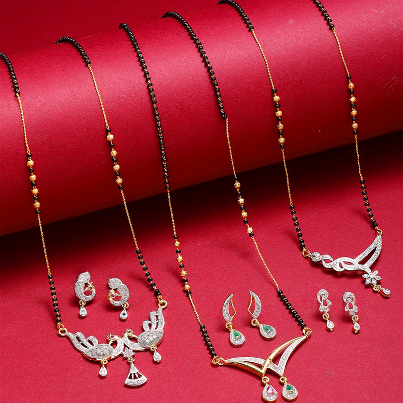 Set Of 3 Gold-Plated Black Beaded White AD Studded Mangalsutra with Earring Set