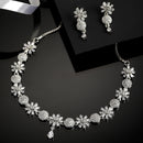 Flower Shaped Rhodium-Plated with Silver-Tone & White American Diamond Studded Jewellery Set