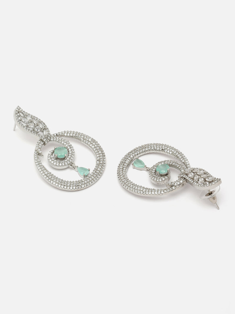 Rhodium-Plated Sea Green & White American Diamond studded Oval Shaped Drop Earrings