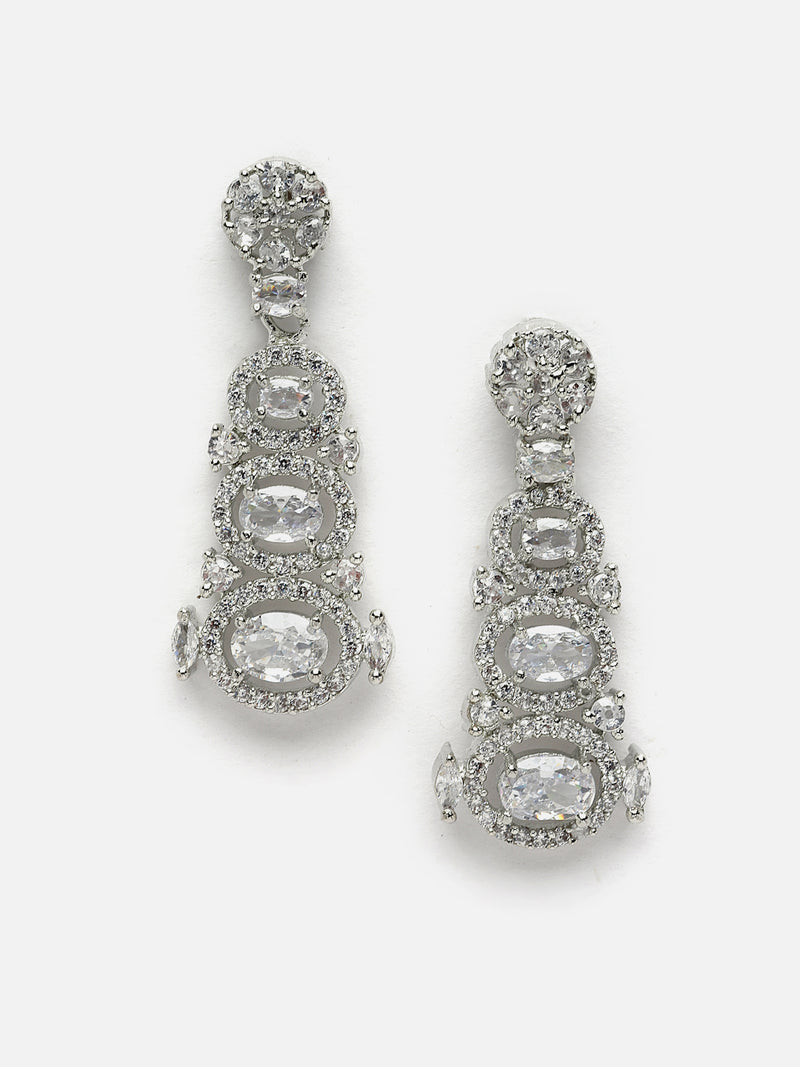 Rhodium-Plated White American Diamond studded Quirky Shaped Drop Earrings