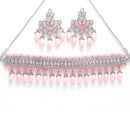 Rhodium-Plated with Silver-Tone Pink Kundan-Studded & Beaded Jewellery Set
