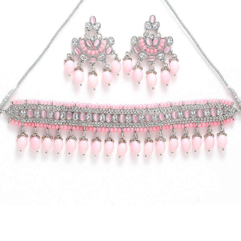 Rhodium-Plated with Silver-Tone Pink Kundan-Studded & Beaded Jewellery Set