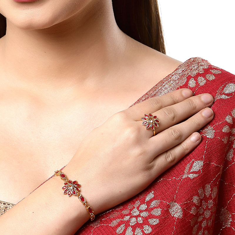 Gold-Plated Red Stone Studded Brass Wraparound Bracelet With Ring