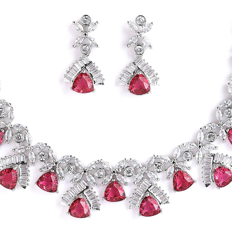 Rhodium-Plated with Silver-Tone & Red American Diamond Stone-Studded Jewellery Set