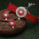 Rhodium-Plated with Oxidized Silver-Tone Red Stone-Studded & Pearl-Beaded Jewellery Set